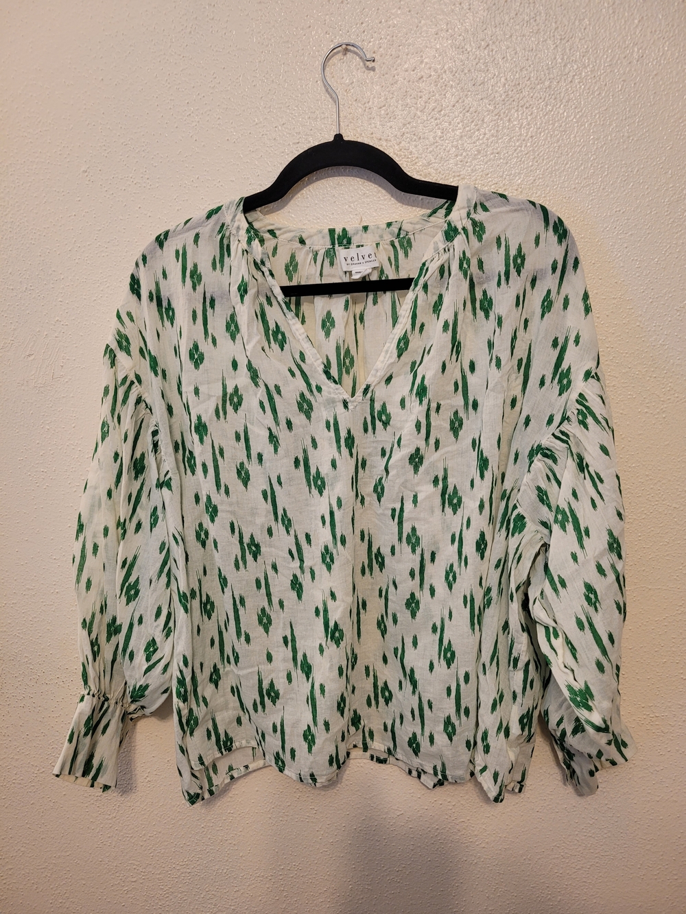 Velvet Graham Spencer Green White Ikat Cotton Peasant Blouse S